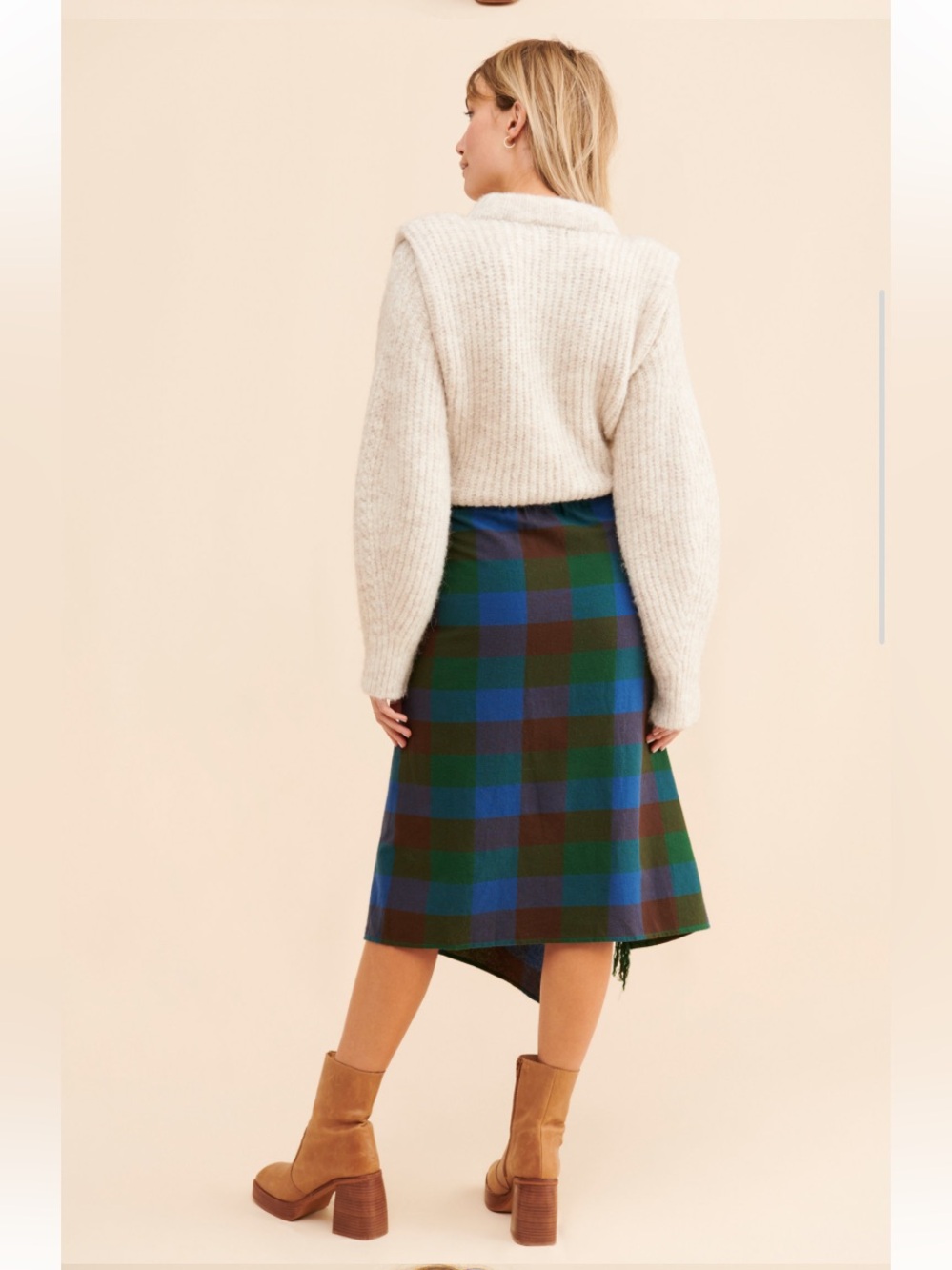 Anthropologie Mare Mare Fringed Wool Plaid Tie Waist Wrap Green Midi Skirt M - Picture 3 of 9